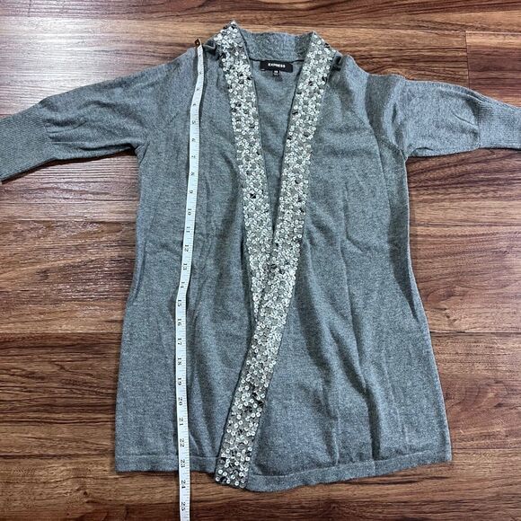 Express Sweater Open Front Sequin Trim Knit 3/4 Sleeve Cardigan Gray Women's XS - Picture 6 of 9